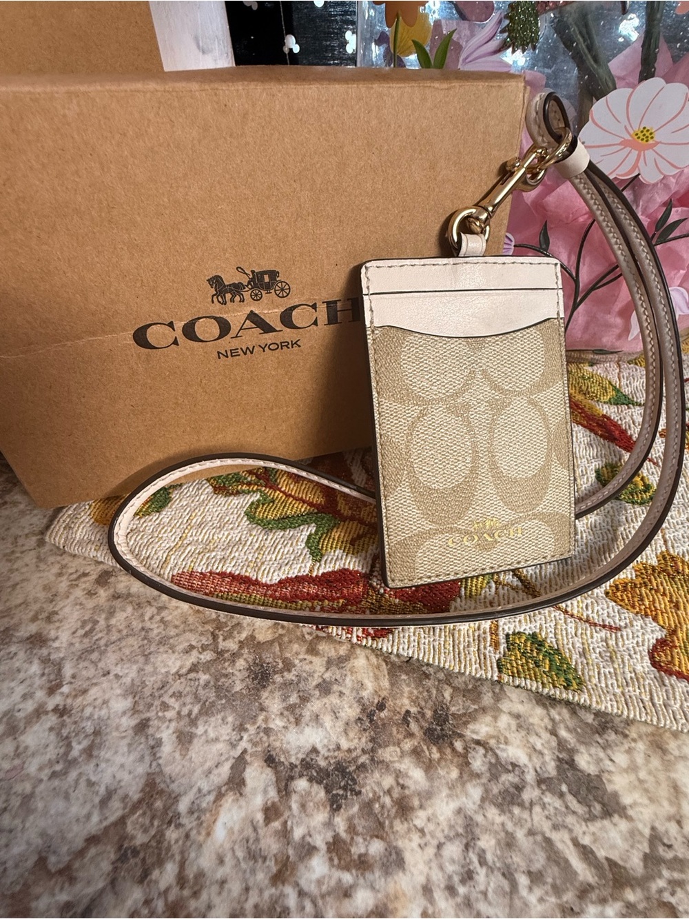 Coach Beige Signature Card Holder Lanyard with Gold Hardware